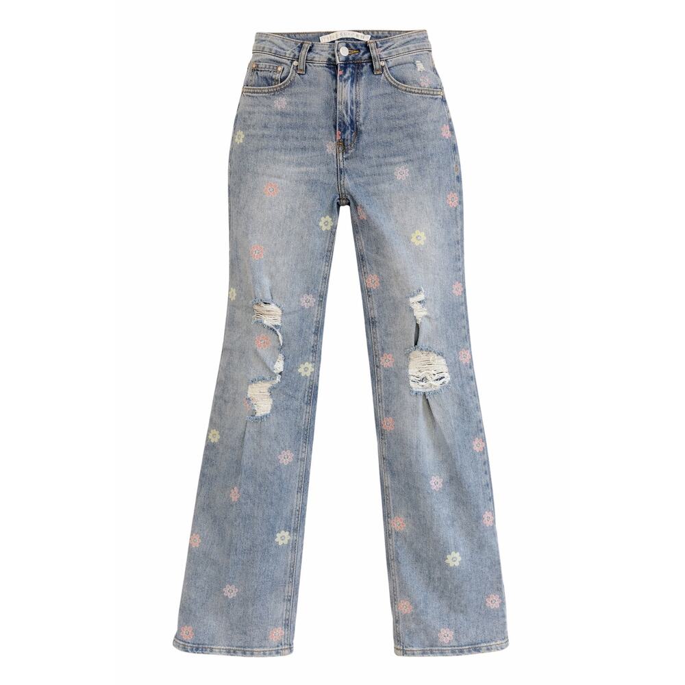 Tinseltown Floral Wide Leg Jeans Distressed Light Wash Y2K Vibe Size 3